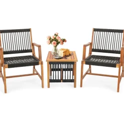 Tangkula 3 Pieces Acacia Wood Outdoor Furniture Set, All-Weather Rope Woven Bistro Set with Armchairs and Coffee Table