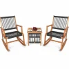 Tangkula 3 Pieces Acacia Wood Rocking Bistro Set, All-Weather Rope Woven Patio Furniture Set with Coffee Table