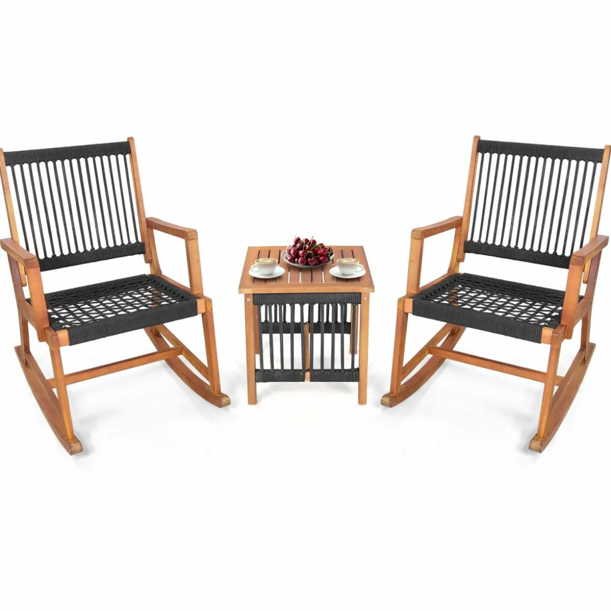 Tangkula 3 Pieces Acacia Wood Rocking Bistro Set, All-Weather Rope Woven Patio Furniture Set with Coffee Table