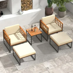 Tangkula 5 Pieces Acacia Wood Patio Furniture Set with Ottomans, Outdoor Conversation Set