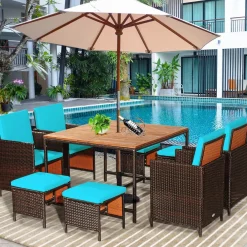 Tangkula 9 Pieces Acacia Wood Patio Dining Set, Space Saving Wicker Chairs and Wood Table with Umbrella Hole Outdoor Furniture Set