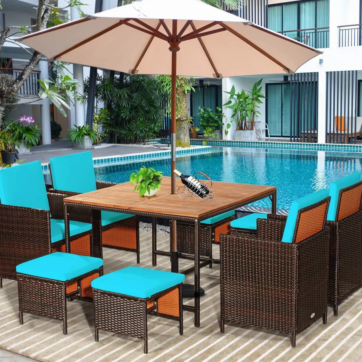 Tangkula 9 Pieces Acacia Wood Patio Dining Set, Space Saving Wicker Chairs and Wood Table with Umbrella Hole Outdoor Furniture Set