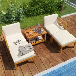 Tangkula 5 Pieces Acacia Wood Patio Chaise Lounge Chair Set with Ottomans and Cushions