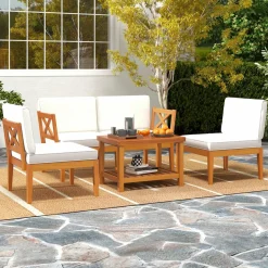 Tangkula 5/10 Pieces Acacia Wood Patio Furniture Set, Outdoor Sectional Conversation Set with Cushions