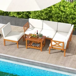 Tangkula 6 Pieces Acacia Wood Patio Furniture Set, Outdoor Sectional Conversation Set with Cushions and 2-Tier Coffee Table