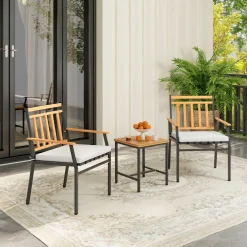 Tangkula 3 Pieces Acacia Wood Bistro Set, Patio Conversation Set with Cushions and Coffee Table