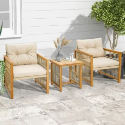 Tangkula 3 Pieces Acacia Wood Patio Furniture Set, PE Wicker Bistro Set with Cushioned Chairs and Coffee Table