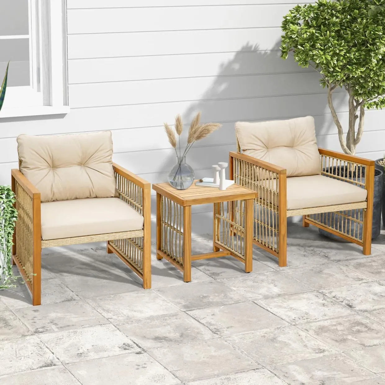 Tangkula 3 Pieces Acacia Wood Patio Furniture Set, PE Wicker Bistro Set with Cushioned Chairs and Coffee Table