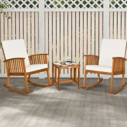 Tangkula 3 Pieces Acacia Wood Rocking Bistro Set, Rocker Chairs Conversation Set with Coffee Table and Cushions for Lawn, Balcony, Backyard