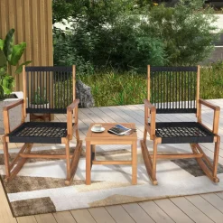Tangkula 3 Pieces Acacia Wood Rocking Bistro Set, All-Weather Rope Woven Patio Furniture Set with Coffee Table