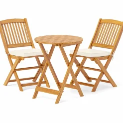 Tangkula 3 Pieces Acacia Wood Patio Folding Bistro Set, Outdoor Table and Chairs Set with Soft Cushions