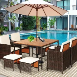 Tangkula 9 Pieces Acacia Wood Patio Dining Set, Space Saving Wicker Chairs and Wood Table with Umbrella Hole Outdoor Furniture Set