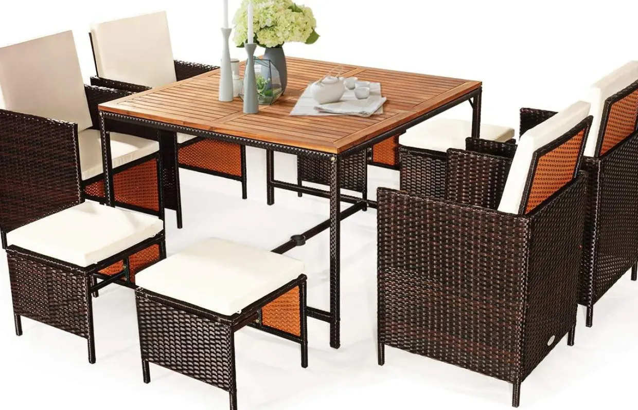 Tangkula 9 Pieces Acacia Wood Patio Dining Set, Space Saving Wicker Chairs and Wood Table with Umbrella Hole Outdoor Furniture Set