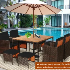 Tangkula 9 Pieces Acacia Wood Patio Dining Set, Space Saving Wicker Chairs and Wood Table with Umbrella Hole Outdoor Furniture Set