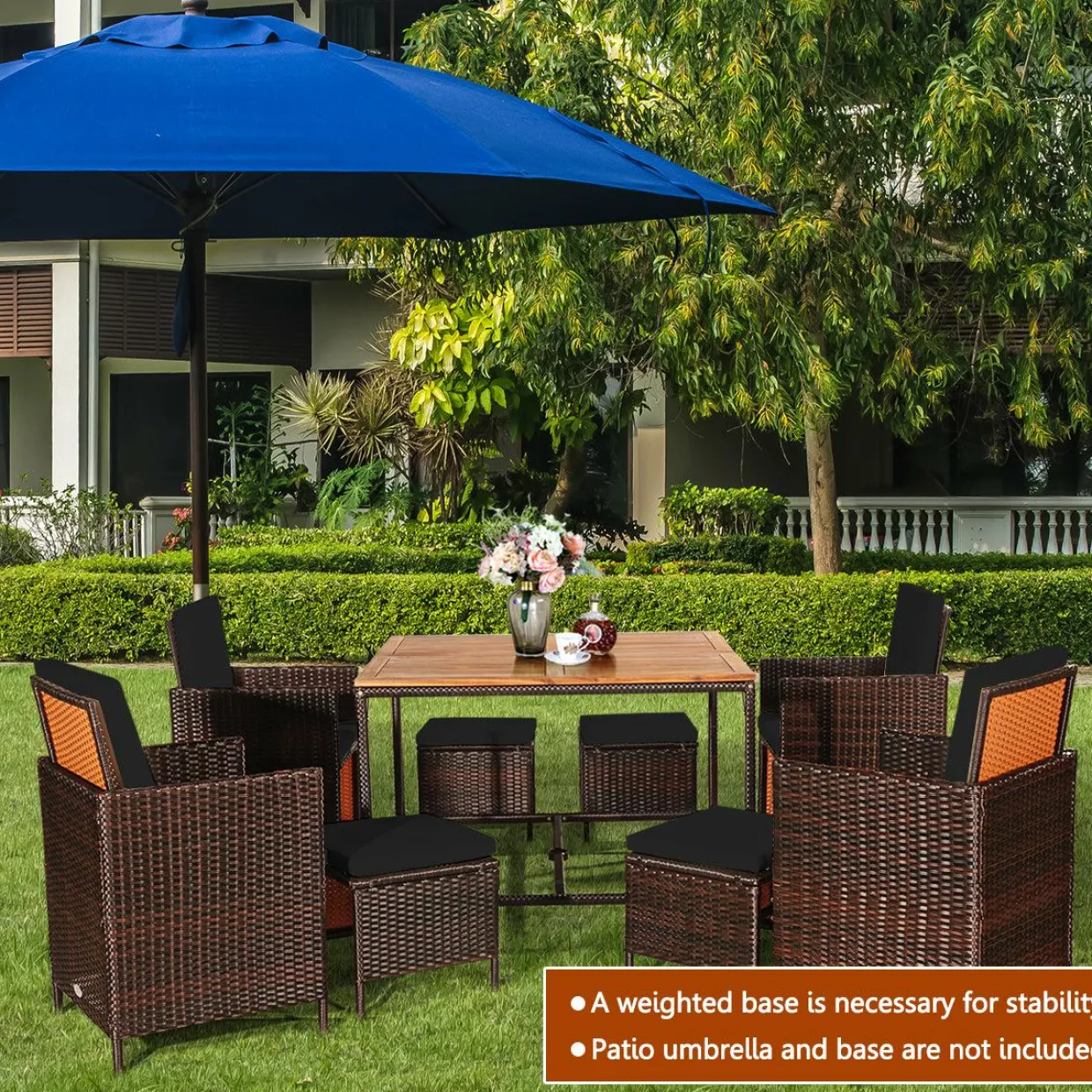 Tangkula 9 Pieces Acacia Wood Patio Dining Set, Space Saving Wicker Chairs and Wood Table with Umbrella Hole Outdoor Furniture Set