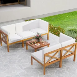 Tangkula 6 Pieces Acacia Wood Patio Furniture Set, Outdoor Sectional Conversation Set with Cushions and Coffee Table