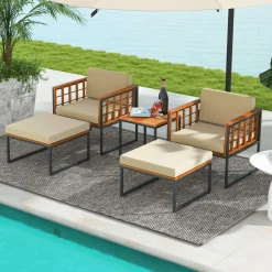 Tangkula 5 Pieces Acacia Wood Patio Furniture Set with Ottomans, Outdoor Conversation Set