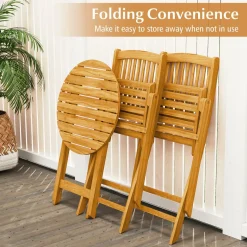 Tangkula 3 Pieces Acacia Wood Patio Folding Bistro Set, Outdoor Table and Chairs Set with Soft Cushions