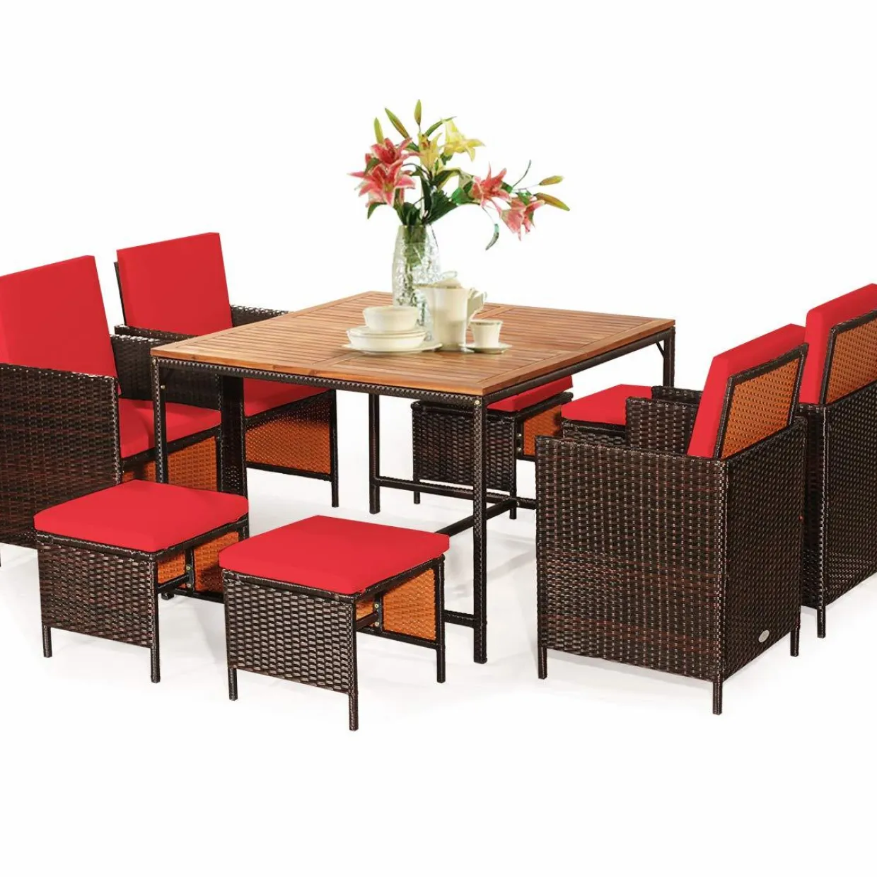 Tangkula 9 Pieces Acacia Wood Patio Dining Set, Space Saving Wicker Chairs and Wood Table with Umbrella Hole Outdoor Furniture Set