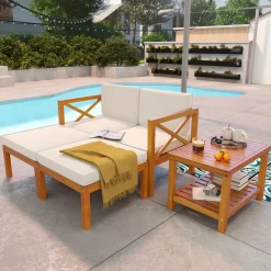 Tangkula 5 Pieces Acacia Wood Patio Chaise Lounge Chair Set with Ottomans and Cushions