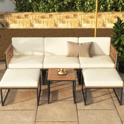 Tangkula 6 Pieces Acacia Wood Patio Furniture Set, Patiojoy Outdoor Sectional Conversation Sofa Set with Cushions