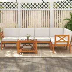 Tangkula 6 Pieces Acacia Wood Patio Furniture Set, Outdoor Sectional Conversation Set with Cushions and 2-Tier Coffee Table