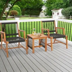 Tangkula 3 Pieces Acacia Wood Outdoor Furniture Set, All-Weather Rope Woven Bistro Set with Armchairs and Coffee Table