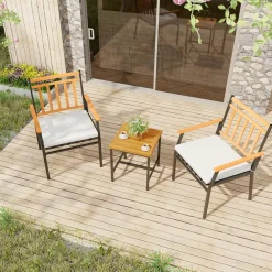 Tangkula 3 Pieces Acacia Wood Bistro Set, Patio Conversation Set with Cushions and Coffee Table