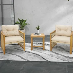 Tangkula 3 Pieces Acacia Wood Patio Furniture Set, PE Wicker Bistro Set with Cushioned Chairs and Coffee Table