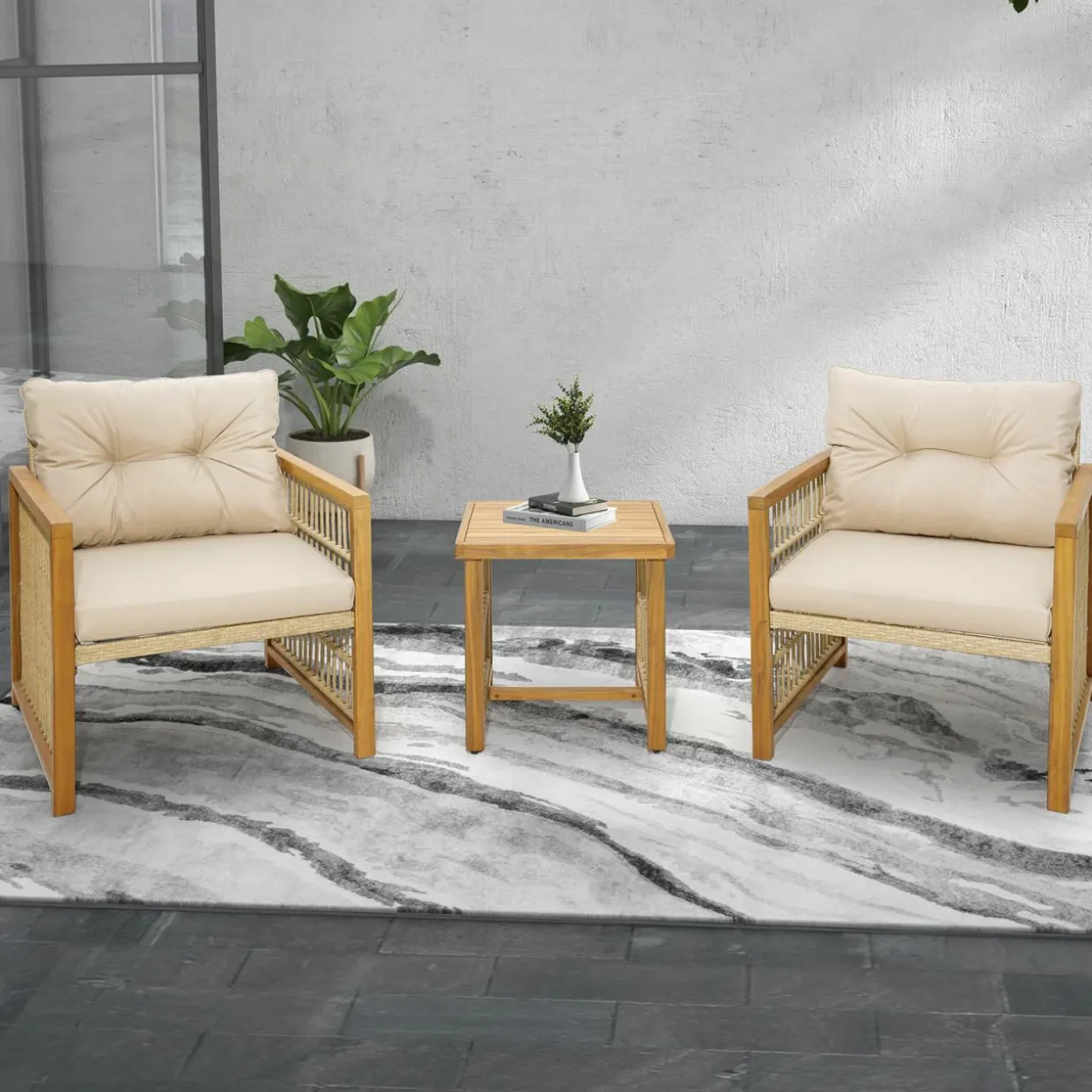 Tangkula 3 Pieces Acacia Wood Patio Furniture Set, PE Wicker Bistro Set with Cushioned Chairs and Coffee Table