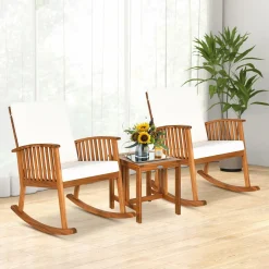 Tangkula 3 Pieces Acacia Wood Rocking Bistro Set, Rocker Chairs Conversation Set with Coffee Table and Cushions for Lawn, Balcony, Backyard