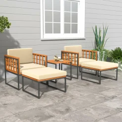 Tangkula 5 Pieces Acacia Wood Patio Furniture Set with Ottomans, Outdoor Conversation Set