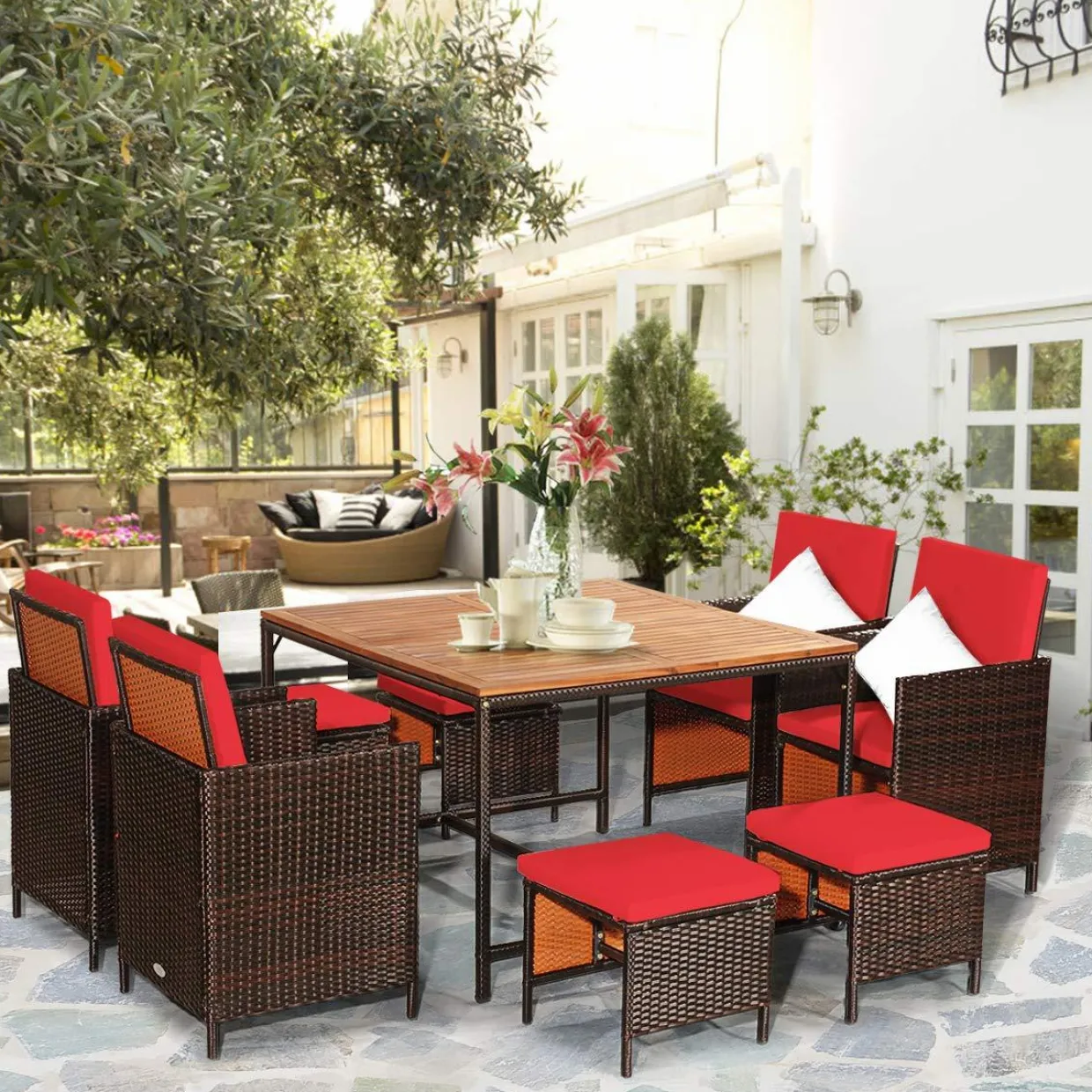 Tangkula 9 Pieces Acacia Wood Patio Dining Set, Space Saving Wicker Chairs and Wood Table with Umbrella Hole Outdoor Furniture Set