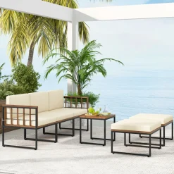 Tangkula 6 Pieces Acacia Wood Patio Furniture Set, Patiojoy Outdoor Sectional Conversation Sofa Set with Cushions