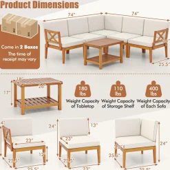 Tangkula 6 Pieces Acacia Wood Patio Furniture Set, Outdoor Sectional Conversation Set with Cushions and 2-Tier Coffee Table