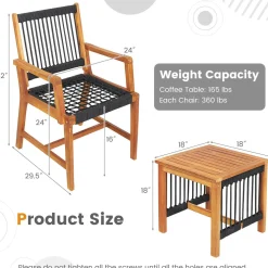 Tangkula 3 Pieces Acacia Wood Outdoor Furniture Set, All-Weather Rope Woven Bistro Set with Armchairs and Coffee Table