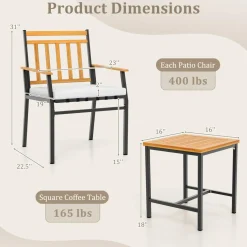 Tangkula 3 Pieces Acacia Wood Bistro Set, Patio Conversation Set with Cushions and Coffee Table