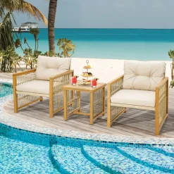 Tangkula 3 Pieces Acacia Wood Patio Furniture Set, PE Wicker Bistro Set with Cushioned Chairs and Coffee Table