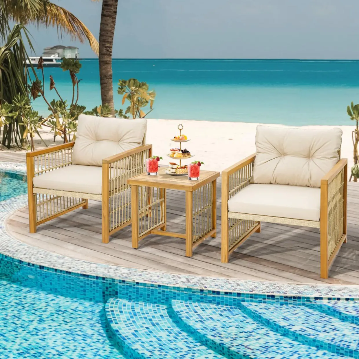 Tangkula 3 Pieces Acacia Wood Patio Furniture Set, PE Wicker Bistro Set with Cushioned Chairs and Coffee Table