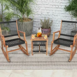 Tangkula 3 Pieces Acacia Wood Rocking Bistro Set, All-Weather Rope Woven Patio Furniture Set with Coffee Table