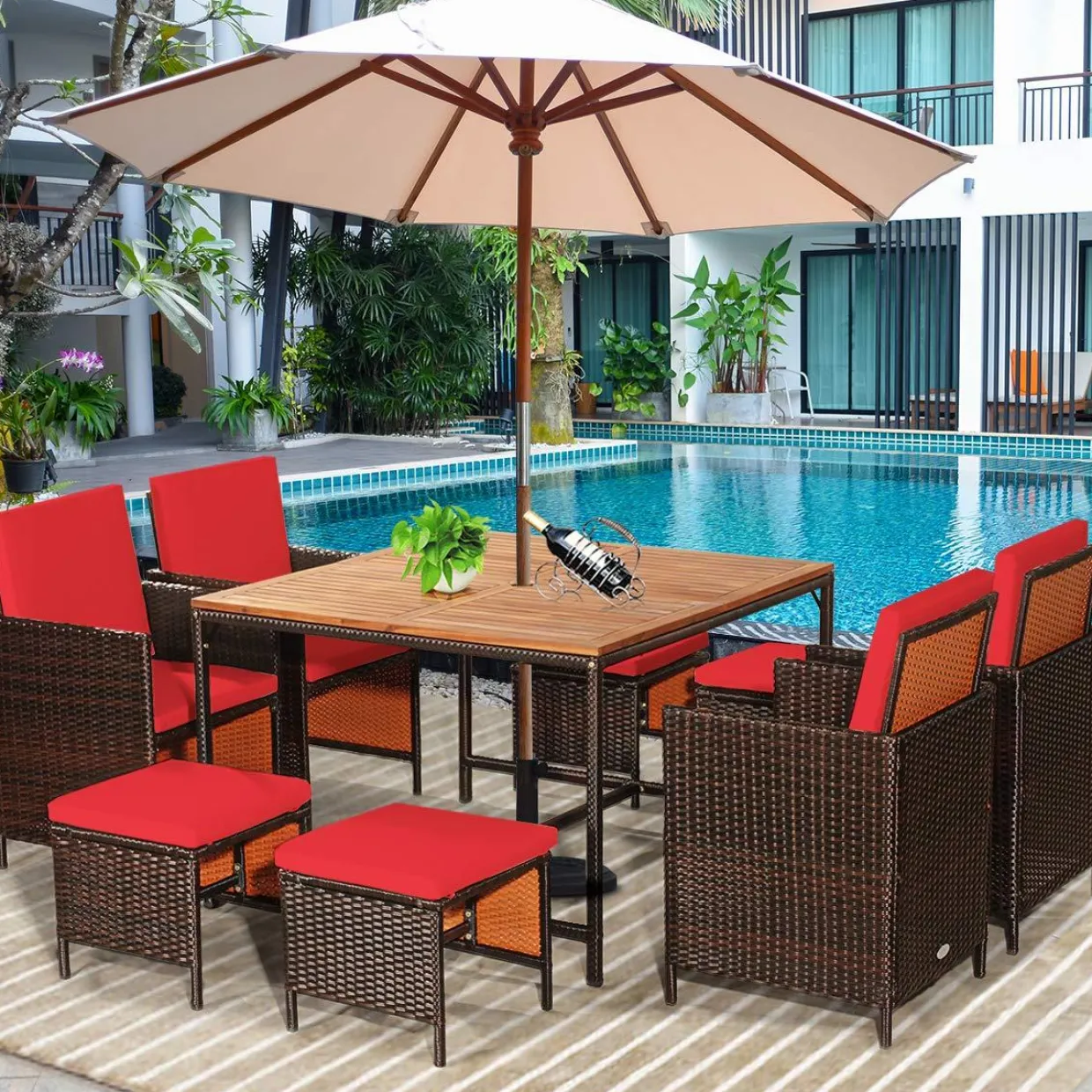 Tangkula 9 Pieces Acacia Wood Patio Dining Set, Space Saving Wicker Chairs and Wood Table with Umbrella Hole Outdoor Furniture Set