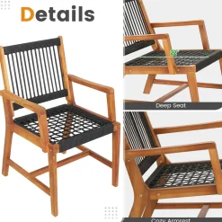 Tangkula 3 Pieces Acacia Wood Outdoor Furniture Set, All-Weather Rope Woven Bistro Set with Armchairs and Coffee Table