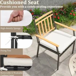 Tangkula 3 Pieces Acacia Wood Bistro Set, Patio Conversation Set with Cushions and Coffee Table