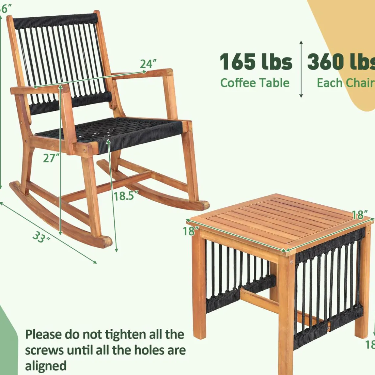 Tangkula 3 Pieces Acacia Wood Rocking Bistro Set, All-Weather Rope Woven Patio Furniture Set with Coffee Table