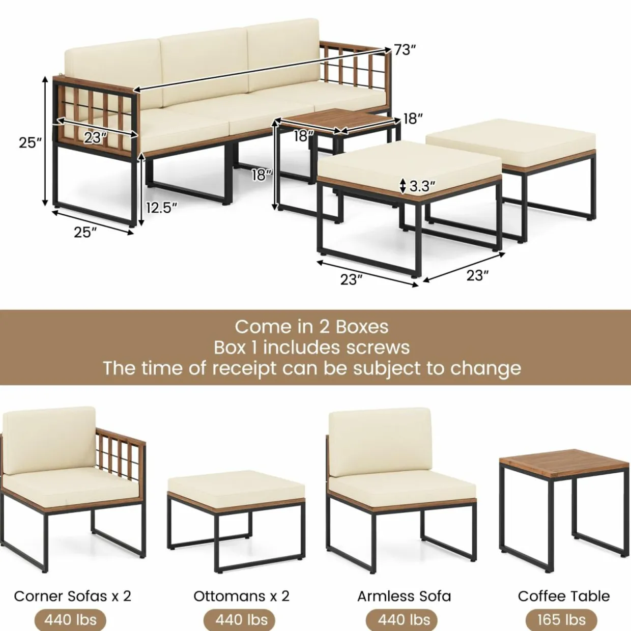 Tangkula 6 Pieces Acacia Wood Patio Furniture Set, Patiojoy Outdoor Sectional Conversation Sofa Set with Cushions