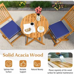 Tangkula 3 Pieces Acacia Wood Patio Folding Bistro Set, Outdoor Table and Chairs Set with Soft Cushions