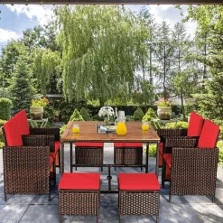 Tangkula 9 Pieces Acacia Wood Patio Dining Set, Space Saving Wicker Chairs and Wood Table with Umbrella Hole Outdoor Furniture Set