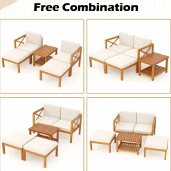 Tangkula 5 Pieces Acacia Wood Patio Chaise Lounge Chair Set with Ottomans and Cushions