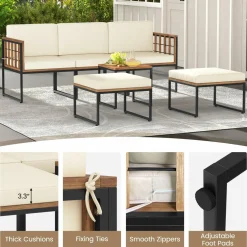 Tangkula 6 Pieces Acacia Wood Patio Furniture Set, Patiojoy Outdoor Sectional Conversation Sofa Set with Cushions