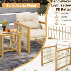 Tangkula 3 Pieces Acacia Wood Patio Furniture Set, PE Wicker Bistro Set with Cushioned Chairs and Coffee Table